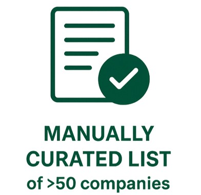A stylized document icon with lines representing text, accompanied by a prominent circular badge displaying the number “50” and a small leaf symbol to reference sweet‑protein or natural‑ingredient companies. MANUALLY CURATED LIST of >50 companies  selling sweet proteins.